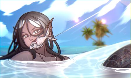 black_hair blue_eyes breasts cogamori dark_body dark_skin female hair humanoid jewelry long_hair medium_breasts mermaid_tail necklace necklace_only nude solo split_form