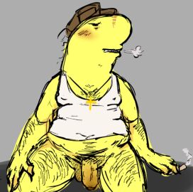 1boy 2d ambiguous_species anthro arm_hair balls baseball_cap blowing_smoke blush bottomless charlie_(smiling_friends) chest_hair chubby_male cowboy_shot cross_necklace digital_media fat fat_male fat_rolls hairy hairy_arms hairy_chest hairy_male happy_trail hat leg_hair male male_only moobs necklace overweight overweight_male penis penis_vein pubes pubic_hair scar scar_on_face scar_on_nose self_upload sitting smiling_friends smoking solo tank_top tank_top_only testicles yellow_body yellow_skin zzombie_pawz