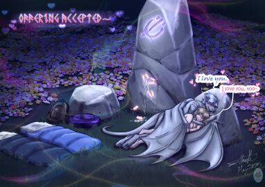 absurd_res animal_humanoid anthro backpack blonde_hair bodily_fluids breasts camping comic cuddling cum cum_in_mouth cum_inside cum_on_ground dragon dragon_humanoid drake_(the_weight_of_scales) drinking drinking_cum duo fanimal_creations female flower_field genital_fluids glowing grass grey_body grey_scales hair hi_res human humanoid iris_(the_weight_of_scales) magic male male/female mammal moths mythological_creature mythological_scalie mythology nude nude_anthro nude_female outside outside_sex plant pollen rock scales scalie scared sex sleeping_bag the_weight_of_scales white_hair