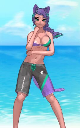 10:16 1girls 3d animated beach bikini bikini_top breasts cat_ears cat_tail cleavage enf_bee female lila_(enf_bee) looking_at_viewer medium_breasts original purple_hair shorts swaying tan-skinned_female tan_skin vertical_video