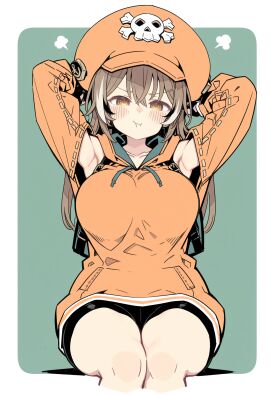 1girls ai_generated alternate_breast_size armpits bike_shorts blush brown_hair hat hololive hololive_english huge_breasts large_hat may_(guilty_gear)_(cosplay) nanashi_mumei orange_hat orange_hoodie pirate_hat pout thighs virtual_youtuber white_hair yellow_eyes