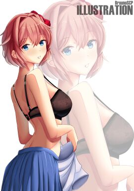 1girls blue_eyes bra breasts bruunoscp caught doki_doki_literature_club female hair_bow hairbow large_breasts light-skinned_female light_skin sayori_(doki_doki_literature_club) short_hair skirt slim_waist solo undressing wide_hips
