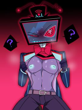 blue_nipples blue_skin bowtie breasts exposed_chest exposed_nipples hazbin_hotel inverted_nipples looking_at_viewer male male_breasts male_chest male_only male_with_breasts object_head question_mark sharp_teeth shina_moro47 suit top_hat tv_head undressing vox_(hazbin_hotel)