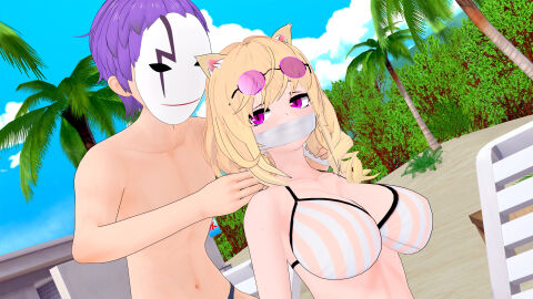 1boy 1girls arknights beach female gag kidnapping male mask utage_(arknights) utage_(summer_flowers)_(arknights)