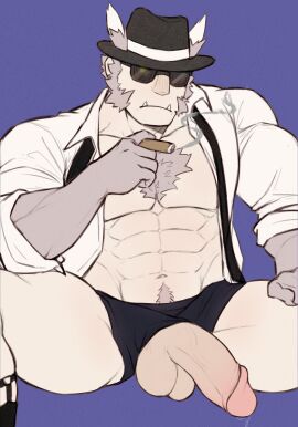 1boy balls bara big_balls big_penis bulge clothing genital_fluids hanu_(honkai:_star_rail) honkai:_star_rail male male_only muscular muscular_male penis precum precum_drip werewolf yaoi