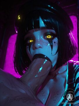 1boy 1girls ai_generated ai_video alberist beret black_hat black_lipstick blunt_bangs blush bob_cut body_freckles bouncing_breasts cleavage close-up face_paint fellatio freckles glowing_eyes huge_breasts huge_cock large_areolae large_breasts large_penis mime original_character outdoors pink_background shiny_skin shirt_lift solo_focus straight striped_shirt suspenders tagme torpedo_breasts video yellow_eyes