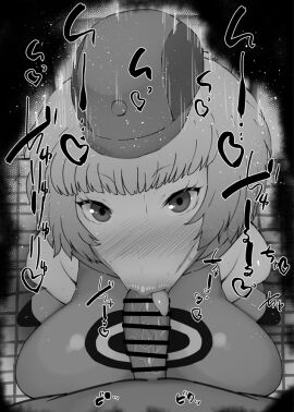 1boy 1girls :>= bare_shoulders big_breasts big_penis black_and_white blowjob blowjob_face blush breasts cap censored dark-skinned_male dark_skin detailed_background drooling elizabeth_(persona) eyelashes fellatio female hat heart human indoor inside interracial kurotama looking_at_viewer male male_pov oral oral_sex penis persona persona_3 room saliva shiny shiny_skin short_hair sketch sound_effects squatting sweat text tongue tongue_out vein veins veiny veiny_penis video_game video_games