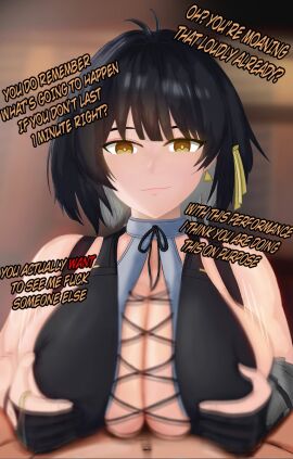 1boy 1girls black_hair breasts clothed_female_nude_male consensual_cuckold cuckold cuckolded english_text female female_rover_(wuthering_waves) hair_ornament huge_breasts indoors kanikamidesu light-skinned_female light-skinned_male light_skin male male_pov paizuri penis pov rover_(wuthering_waves) small_penis teasing text wuthering_waves yellow_eyes