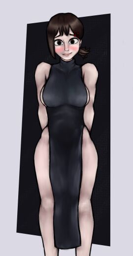 1girls arms_behind_back ass bare_arms bare_shoulders big_ass big_breasts black_dress blush breasts brown_eyes brown_hair chainsaw_man clothed dress dressed embarrassed female female_focus female_only hairclip higashiyama_kobeni hip_vent hips looking_at_viewer milybank pelvic_curtain shy sideboob simple_background skimpy_clothes skimpy_dress solo standing thick_thighs thighs turtleneck wide_hips