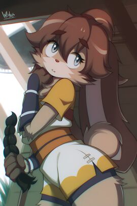 2021 2021s 2:3 anthro aqua_eyes artist_name breasts brown_body brown_fur brown_hair clothed clothing digital_media_(artwork) female female_focus female_only furry furry_female hi_res huge_ears lagomorph lepi_(species) leporid looking_at_viewer lop_(star_wars) lop_(star_wars_visions) lop_and_ochou mammal rabbit rabbit_ears rabbit_girl rabbit_humanoid rabbit_tail shaded shorts small_breasts solo star_wars star_wars_visions tail teeth thick_thighs thighs wide_hips wildblur yellow_shirt