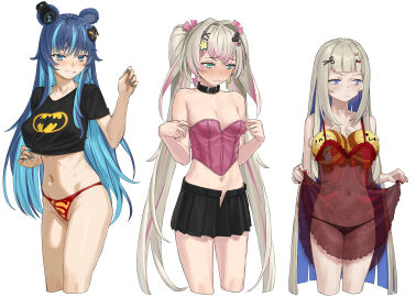 3girls agemmata amanogawa_shiina animal_ears batman_(series) batman_symbol bear_ears bear_girl belly_button black_panties blue_eyes blue_nails blush breasts corset dress embarrassed female female_only fujikura_uruka funny hair_ornament huge_breasts humor light-skinned_female light_brown_hair light_skin nerdy nerdy_female nose_blush panties phase_alias phase_connect phase_origins pink_hair plushies purple_eyes rinkou_ashelia see-through see-through_clothing see-through_dress skirt solo superman_(series) superman_logo twintails two-tone_hair unpleasure_face virtual_youtuber