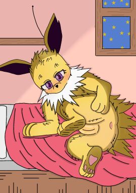 eeveelution feral jolteon nintendo pokemon pussy showing_ass showing_pussy sitting_on_bed wghost477961 yellow_body