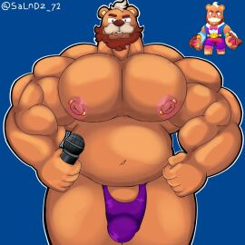 1boy bara biceps big_pecs brawl_stars bulge chubby cocokun! facial_hair furry holding_object male male_only microphone musclegut muscular muscular_male nipple_piercing nipples pecs piercing sam_(brawl_stars) solo yaoi