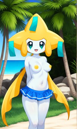 adorable ai ai_art ai_generated anime anthro anthropomorphic beach blue_skirt cute digital_art fanart female female_pokemon furry furry_anthro furry_female gobabsnow hands_behind_back jirachi legendary_pokemon looking_at_viewer mythical_pokemon naked naked_female nude nude_female pokegal pokegirl pokegirl_as_pokemon pokemon pokemon_(species) pokemorph semi_nude sexy skirt topless topless_female videogame_fanart