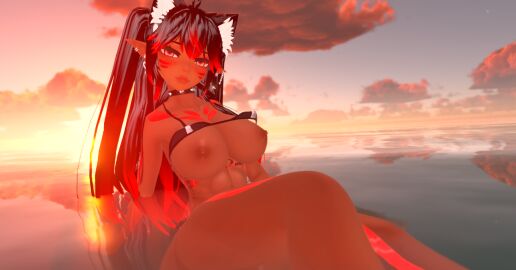 1girls 3d 3d_model accessories accessory alone athletic athletic_female bangs beach black_hair blush breasts breasts_out cat_ears cat_girl cat_whiskers catgirl choker crossed_legs elf_ears female female_ass female_focus female_only fingers fit fit_female head_tilt humanoid jewelry kinky_karma_vr knees legs light light-skinned_female light_skin long_hair looking_at_viewer mature_female messy messy_hair no_pants ocean outdoors outside pale_skin perky_breasts perky_nipples pierced_ears piercing piercings pink_eyes red_hair shorter_female showing_breasts showing_off side_view sitting sitting_in_water solo solo_female solo_focus straps sunset tagme tan_skin tattoo tattoos tease teasing thighs two-tone_hair virtual_reality virtual_youtuber vrchat vrchat_avatar vrchat_media vrchat_model water white_sclera