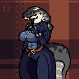 animated belt breasts brown_background clothed fangs fangs_out female female_focus female_only grabbing_clothing langui looking_at_viewer nipples nude pussy red_eyes snake snake_girl snake_hood snake_tail snake_tongue standing stripping tagme video zipper zipper_down