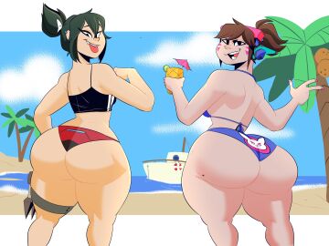 2girls ass big_ass big_butt d.va d.va_(overwatch_2_suit) elpiromanias female female_only huge_ass huge_butt kiriko_(overwatch) looking_back multiple_females multiple_girls open_mouth overwatch overwatch_2 thick_thighs tongue tongue_out