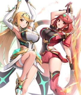 2girls big_breasts blonde_female blonde_hair breasts female gonzarez large_breasts long_hair mythra pyra red_eyes red_hair short_hair source_request thick thick_thighs thigh_highs thigh_strap thighhighs thighs tiara weapon xenoblade_(series) xenoblade_chronicles_2 yellow_eyes