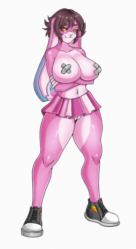 absurd_res anthro arm_under_breasts big_breasts bottomwear breasts clothed clothing crossed_arms female floppy_ears footwear genitals hi_res huge_breasts lagomorph leporid looking_at_viewer lop_ears mammal miiiyshka miniskirt nipple_tape no_underwear pasties pinup pose pussy pussy_slip rabbit remmy_(remybunny) scut_tail shoes short_tail skimpy skirt solo standing tail tape topless trans_woman transfem