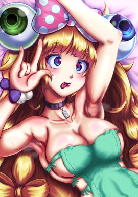 armpit_fetish armpits arms_up artist_request big_breasts blonde_hair blue_eyes bracelet breasts bursting_breasts busty cleavage collar crossed_eyes dress female female_focus female_only hair_ornament hourglass_figure idol king_of_fighters lipstick long_hair makeup short_dress sideboob skimpy_dress snk snk_heroines:_tag_team_frenzy sweat sweaty sweaty_armpits sylvie_paula_paula tagme tongue tongue_out wide_hips