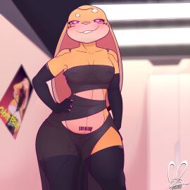 anthro bite biting_lip biting_own_lip bunnysinfull clothing female lagomorph leporid mammal naught_joe nipple_piercing nipples piercing rabbit robot_anthro seductive self_bite solo thick_thighs translucent translucent_clothing