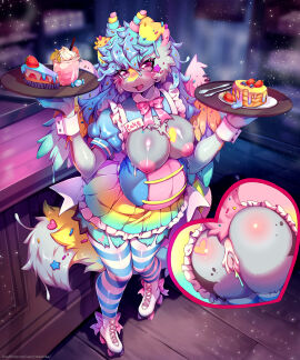 2024 anthro anus areola ass belly big_belly biped blue_hair blush bodily_fluids body_blush bottomwear bow_ribbon breasts butt_blush cake clothed clothing cum cum_in_ass cum_inside dessert detailed_background digital_media_(artwork) eyebrows eyelashes feathered_wings feathers female folded_ears food fruit full-length_portrait genital_fluids genitals hair holding_food holding_object inside legwear nipples no_underwear open_mouth pancake pattern_clothing pattern_legwear pattern_thigh_highs pink_anus pink_areola pink_eyes pink_nipples pink_pussy pink_tongue plant pleated_skirt portrait pregnant pussy roller_skates shaded shirt_cuffs skirt solo standing strawberry striped_clothing striped_legwear striped_thigh_highs stripes tail tekahika text thigh_highs tongue topwear unknown_species upskirt url waiter waitress waitress_uniform wings
