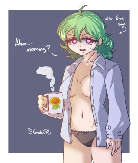 1girls ahoge belly_button black_panties breasts crossover dialogue eastern_and_western_character english_text female green_hair karebu52 kazami_yuuka light-skinned_female light_skin mug no_bra open_shirt panties plants_vs_zombies red_eyes shirt_and_panties solo sunflower sunflower_(pvz) talking_to_viewer text touhou yuuka_kazami