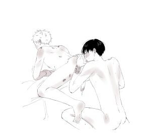 2boys anilingus ass asshole bite_mark black_hair blush bruise digital_media_(artwork) eating_ass gay gay_sex hand_on_ass hand_on_butt hickey hikaru_ga_shinda_natsu hikaru_indou human humanoid male moles naked naked_male on_hands_and_knees penis penis_out precum precum_drip rimjob rimming scar squatting sweat the_summer_hikaru_died tongue twitching white_hair yaoi yoshiki_tsujinaka