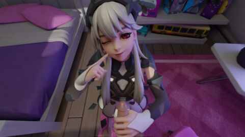 3d chair female fortnite hairband lexa_(fortnite) lips long_hair one_eye_closed princess_lexa_(fortnite) red_eyes silver_hair sitting smile solo