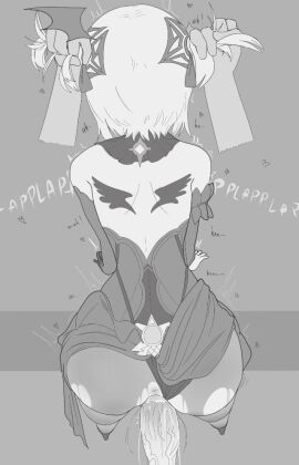 1boy 1girls anus ass commission commission_art doki_doki_literature_club english_text exspiravitbag female fischl_(genshin_impact) fischl_(genshin_impact)_(cosplay) genshin_impact hair_pull hair_pulling handlebars heart hearts male monochrome natsuki_(doki_doki_literature_club) penetration penis pulling_hair pussy sex text vaginal vaginal_penetration vaginal_sex