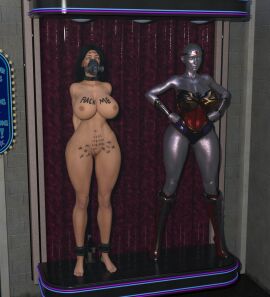 3d alansmithee_3d arms_behind_back black_hair body_writing bound bound_ankles breasts completely_nude dc dc_comics female large_breasts mannequin nude nude_female trophy_case wonder_woman wonder_woman_(series)