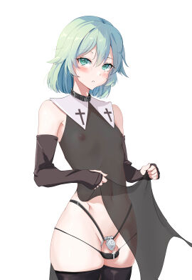 1boy absurdres chastity_cage chastity_device choker collar dch6898013 elbow_gloves flat_chastity_cage gloves green_eyes green_hair highres looking_at_viewer male male_nun nun original otoko_no_ko penis penis_piercing piercing religious_clothing short_hair stockings thighhighs