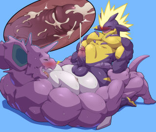 absurd_res amped_toxtricity anal anal_orgasm anal_sex anthro ass balls balls_on_stomach blue_background blush blush_lines bodily_fluids closed_eyes cowgirl_position cum cum_in_ass cum_inside cum_on_own_penis cum_on_penis cum_on_self cum_while_penetrated cumshot cutaway duo ejaculation emanata female from_front_position generation_1_pokemon generation_8_pokemon genital_fluids genitals hands-free hi_res holding_arm holding_arms inside looking_at_another looking_at_partner lying maldu male male/male musclegut muscular muscular_anthro muscular_male nidoking nintendo nipples nude nude_anthro nude_male on_back on_bottom on_top open_mouth orgasm pecs penetration penile penile_penetration penis penis_in_ass pokemon pokemon_(species) purple_body sex shadow sharp_teeth simple_background simultaneous_orgasms stomach_bulge sweat tail teeth tongue tongue_out toxtricity vein veiny_penis white_emanata yellow_body yellow_emanata