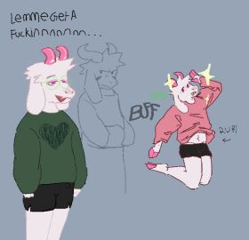 anthro asriel_dreemurr asriel_dreemurr_(god_form) belly big_ears biped bovid buffalonium bulge caprine clothing cloven_hooves deltarune detailed_bulge directional_arrow eyewear fur fur_markings genital_outline glasses goat hoodie hooves horn makeup male male_anthro male_only mammal markings navel penis penis_outline ralsei simple_background solo sweater text topwear tummy_flashing undertale undertale_(series)