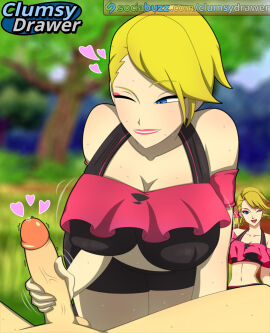 1boy 1girls artist_logo bare_shoulders bike_shorts black_sports_bra blue_eyes blurry_background breasts breeze_dancer cleavage clothed_female_nude_male clumsydrawer covered_nipples crop_top erection eyeshadow female foreskin grass grass_field handjob huge_breasts large_breasts lipstick makeup male mature_female midriff naruto naruto_online navel nipple_bulge nude one_eye_closed outdoor_nudity outdoor_sex outdoors penis pink_eyeshadow pink_lipstick precum resting self_upload short_hair shorts smile solo_focus sports_bra straight sweat tsurara uncircumcised url video_game_character watermark web_address yellow_hair