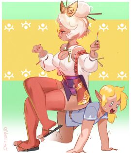 1boy 1girls absurdres all_fours blush breasts breath_of_the_wild champion's_tunic_(zelda) cleavage cleavage_cutout clothing_cutout commentary crossed_legs dark-skinned_female dark_skin english_commentary female femdom flexible_toes glasses highres human_chair human_furniture large_breasts link link_(breath_of_the_wild) male malesub miniskirt nail_polish nintendo philtomato purah purah_(tears_of_the_kingdom) red-framed_eyewear red_eyes revealing_clothes round_eyewear sheikah simple_background sitting sitting_on_person skirt straight tears_of_the_kingdom the_legend_of_zelda the_legend_of_zelda:_tears_of_the_kingdom thick_thighs thighhighs thighs toes white_hair