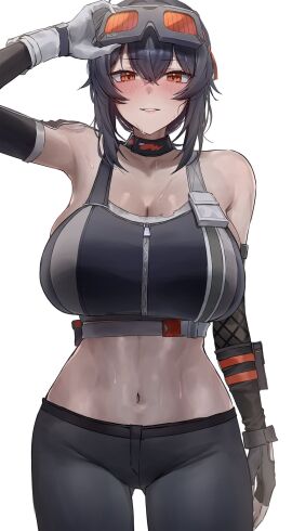 1girls abs bare_shoulders belly_button big_breasts black_hair black_pants blush choker crop_top curvy fingerless_glove gloves goggles grace_howard mechanic midriff monegi navel red_eyes smile smiling solo_female sweat tattoo tattooed_shoulder zenless_zone_zero zipper