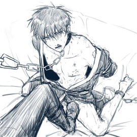 2boys abuse arms_behind_back bite_mark bite_marks bondage bootjob boots bound chain_leash chained chains collar fall_into_disgrace footjob gay gintama gintoki_sakata high-angle_view hijikata_toshiro kimono looking_at_viewer male male_only monochrome nosebleed off_shoulder penis restrained reverse_ryona shoejob sitting sketch solo_focus stepped_on stepping_on_penis submissive trembling wariza yaoi