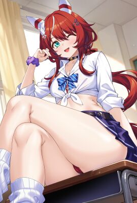 animal_ears blue_bow blue_eyes blush bow breasts collared_shirt commentary_request crossed_legs diagonal-striped_bow ear_covers female from_below gyaru hair_between_eyes highres horse_ears horse_girl horse_tail leg_warmers long_hair looking_at_viewer one_eye_closed open_mouth panties purple_scrunchie red_hair red_panties scrunchie shirokuma_a shirt sitting sleeves_rolled_up solo striped_bow tail tied_shirt umamusume underwear white_leg_warmers white_shirt win_variation_(umamusume) wrist_scrunchie