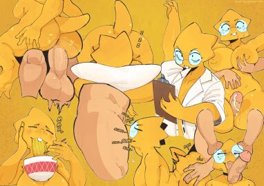 alphys anthro anthro_penetrated areola biped blush bodily_fluids breasts buckteeth cum duo erection eyewear female female_penetrated genital_fluids genitals glasses hi_res human human_on_anthro human_penetrating human_penetrating_anthro interspecies male male/female male_penetrating male_penetrating_female mammal nipples nude oral oral_penetration penetration penile penile_penetration penis pussy scalie sex short_tail simple_background tail teeth undertale undertale_(series) vaginal_penetration vattarena yellow_background yellow_body