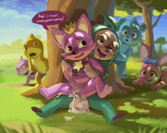 2girls 4boys anal anal_sex apis apis_(artist) baby_shark_(character) canine cub everyone female fox gay gay_male glasses hedgehog hogi_(pinkfong) male male/male male_cub male_focus mammal pink_fur pinkfong pinkfong_(character) pinkfong_wonderstar pleasure_face rabbit tree yaoi yellow_skin