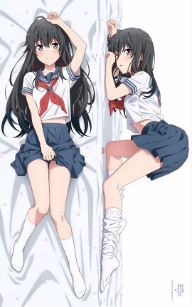 ahoge arm_up ass bare_belly bare_legs bare_thighs bed_sheet black_hair blue_eyes blush bra_visible_through_clothes breasts collarbone dakimakura dakimakura_design feet female knee_socks kneehighs kneesocks long_hair loose_socks lying mouth_closed my_teen_romantic_comedy_snafu official_art open_mouth school_uniform see-through_clothing skirt small_breasts smile socks thighs white_socks yukinoshita_yukino