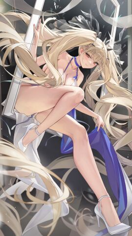 absurdly_long_hair azur_lane bare_legs bare_shoulders blonde_hair breasts cg choker cleavage closed_mouth dress female floating_hair formidable_(anniversary_memories)_(azur_lane) formidable_(azur_lane) full_body hair_ornament halter_dress halterneck high_heels large_breasts legs long_hair looking_at_viewer official_alternate_costume red_eyes sitting sleeveless sleeveless_dress smile solo thighs twintails very_long_hair white_dress white_footwear