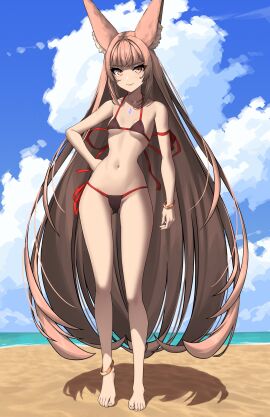 1girls anklet beach bikini black_bikini black_swimsuit bracelet breasts brown_eyes brown_hair clouds core_crystal female hand_on_hip long_hair looking_at_viewer midriff navel nia nia_(blade) nintendo ocean outside side-tie_bikini side-tie_swimsuit skinny sky small_breasts swimsuit water x_xith_x xenoblade_(series) xenoblade_chronicles_2