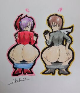 2girls ass ass_focus big_ass bottomless brown_eyes brown_hair bubble_ass bubble_butt capcom darkstalkers demon female hand_on_ass heart high_heels lilith_aensland looking_at_viewer looking_back pants pants_down purple_hair red_eyes sakura_kasugano scarf short_hair squatting street_fighter succubus suit thekai03 thick_ass thick_thighs thighs traditional_art traditional_media_(artwork) wings