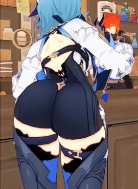 1boy 1girls 3d animated ass ass_focus blue_hair diluc_(genshin_impact) eula_(genshin_impact) female genshin_impact huge_ass no_sound shaking_butt tagme thick_ass thick_thighs thighhighs video