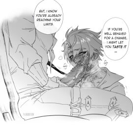 2boys big_penis blowjob blush dragon_dick english_text erect_penis gay gay_domination genshin_impact male male/male maledom malesub neuvillette_(genshin_impact) office penis precum spiked_penis teasing wriothesley_(genshin_impact) yaoi