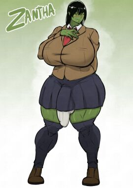 1futa bangs black_hair black_skirt blush blushing_at_viewer breasts breasts_bigger_than_head bulge_through_clothing dittochad futa_only futanari gigantic_breasts huge_breasts intersex long_hair looking_at_viewer muscular muscular_futa muscular_thighs orc orc_futa pleated_skirt school_uniform schoolgirl_uniform shoes skirt solo thick_thighs