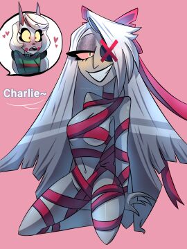 2d 2girls angel black_lips blonde_hair blush blush_stickers bow charlie_morningstar_(hazbin_hotel) christmas christmas_outfit demon demon_girl demon_horns elizabeth_draw eyepatch eyeshadow female female_only grey_body hairbow hazbin_hotel heart hearts_around_head horns kneeling long_hair nude nude_female pink_sclera red_eyes ribbon ribbon_bondage text tied_hair vaggie_(hazbin_hotel) white_hair yellow_eyes yellow_sclera yuri