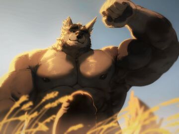 4:3 absurd_res anthro bara biceps big_penis blue_sky brown_body brown_fur brown_penis canid canine dust_yang flexing flexing_bicep front_view fur genitals glistening glistening_eyes green_eyes hi_res humanoid_genitalia humanoid_penis looking_at_viewer male mammal mouth_closed muscular muscular_anthro muscular_male narrowed_eyes nipples nude outside pecs penis sky solo thick_penis torn_ear whiskers yaoi
